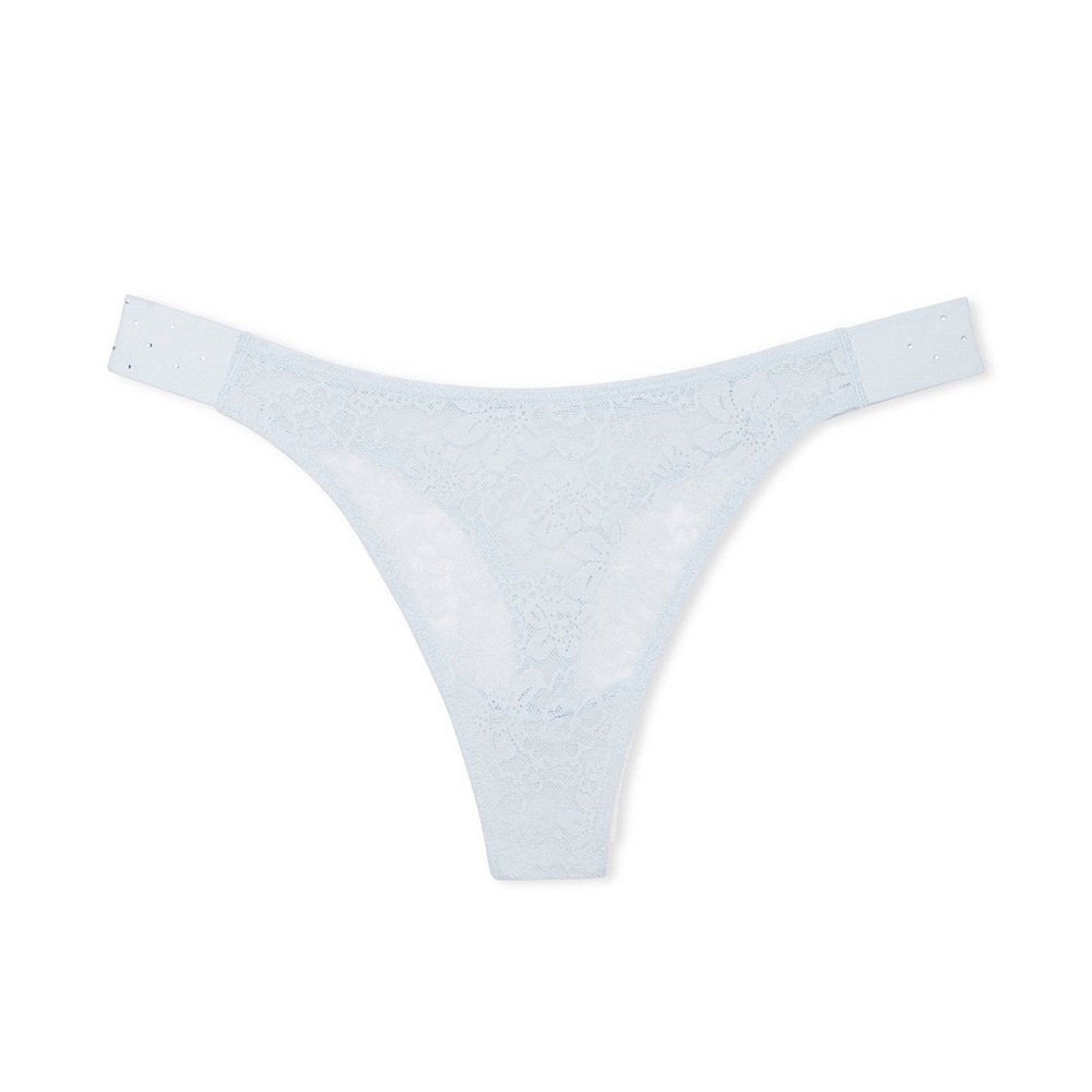✨🩵NWT PINK Victoria's Secret Bling Lacie Logo Scoop Thong LHydrangea Floral Lace